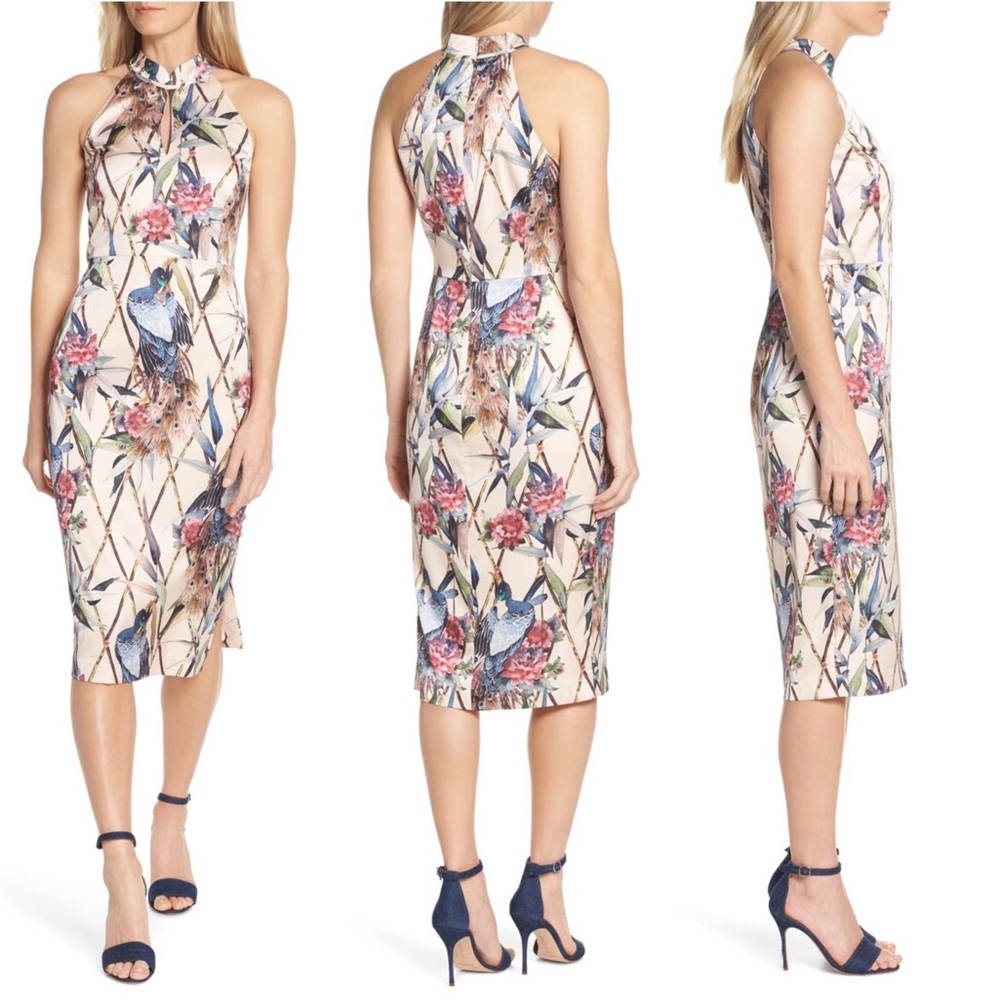 Forest Lily peach peacock sheath dress